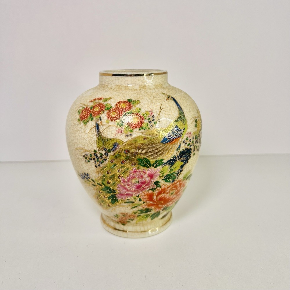 HAND PAINTED Vtg Andrea by Sadek Porcelain Peacock Floral Vase Crackle Glaze